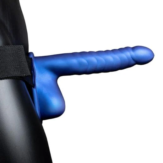 Ouch Ribbed Hollow Strap with Balls 8" Blue - Image 3