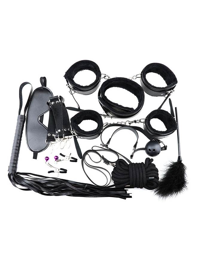 Oh Yeah Black Leather Bondage Kit 10 Piece - C80719-1
