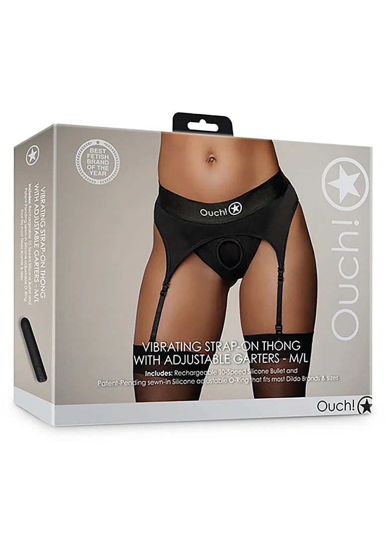 Ouch Vibrating Strap On Thong with Adjustable Garters - Black M/L