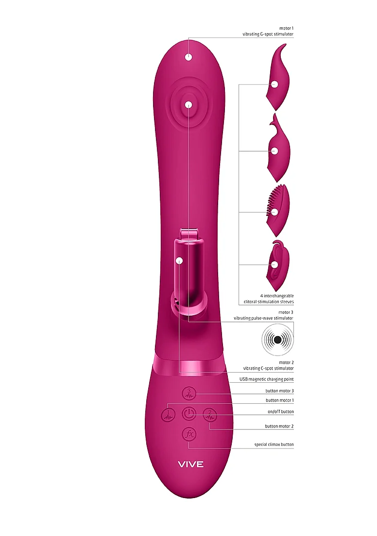 Vive Etsu Silicone Rabbit with Interchangeable Clitoral Sleeves - Pink - Image 3